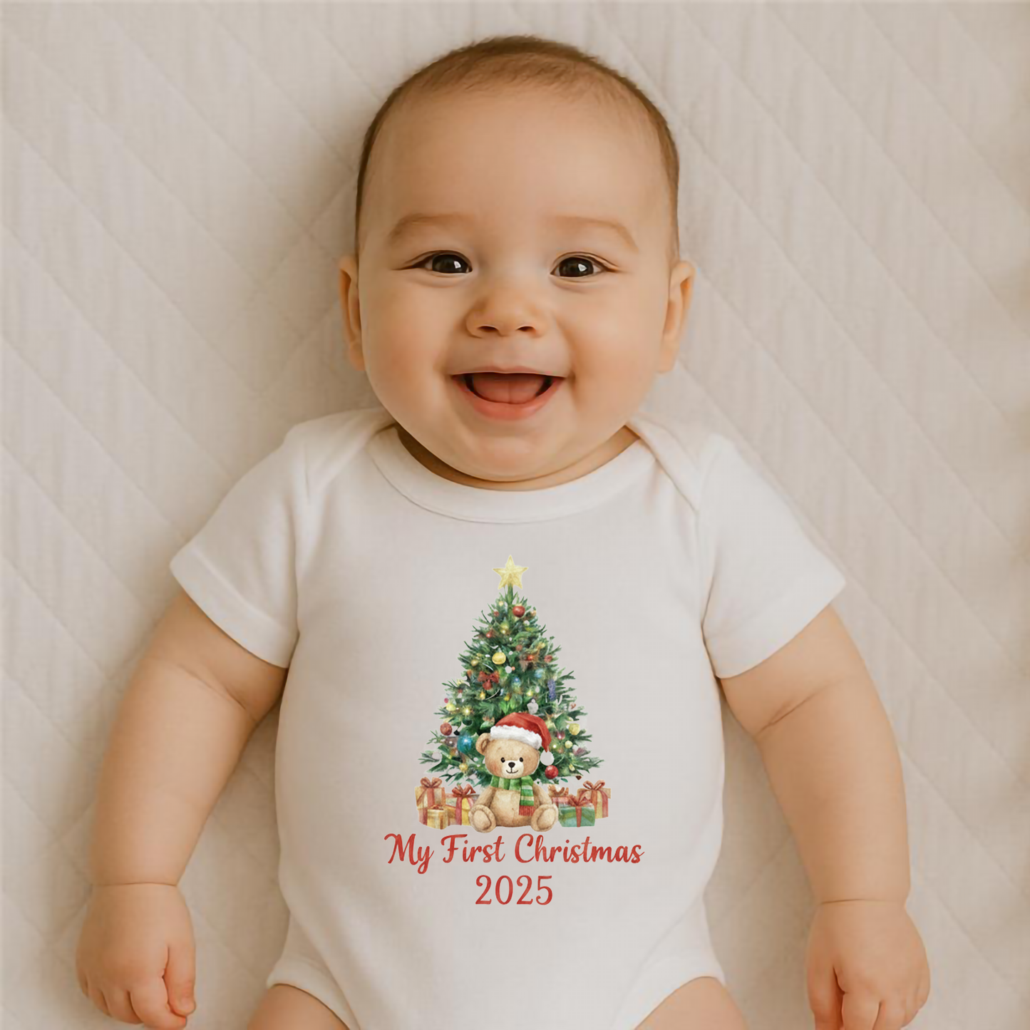 Everyday Kids Christmas Collection My First Christmas 2025 Teddy Tree Baby Onesie – Holiday Graphic Bodysuit
