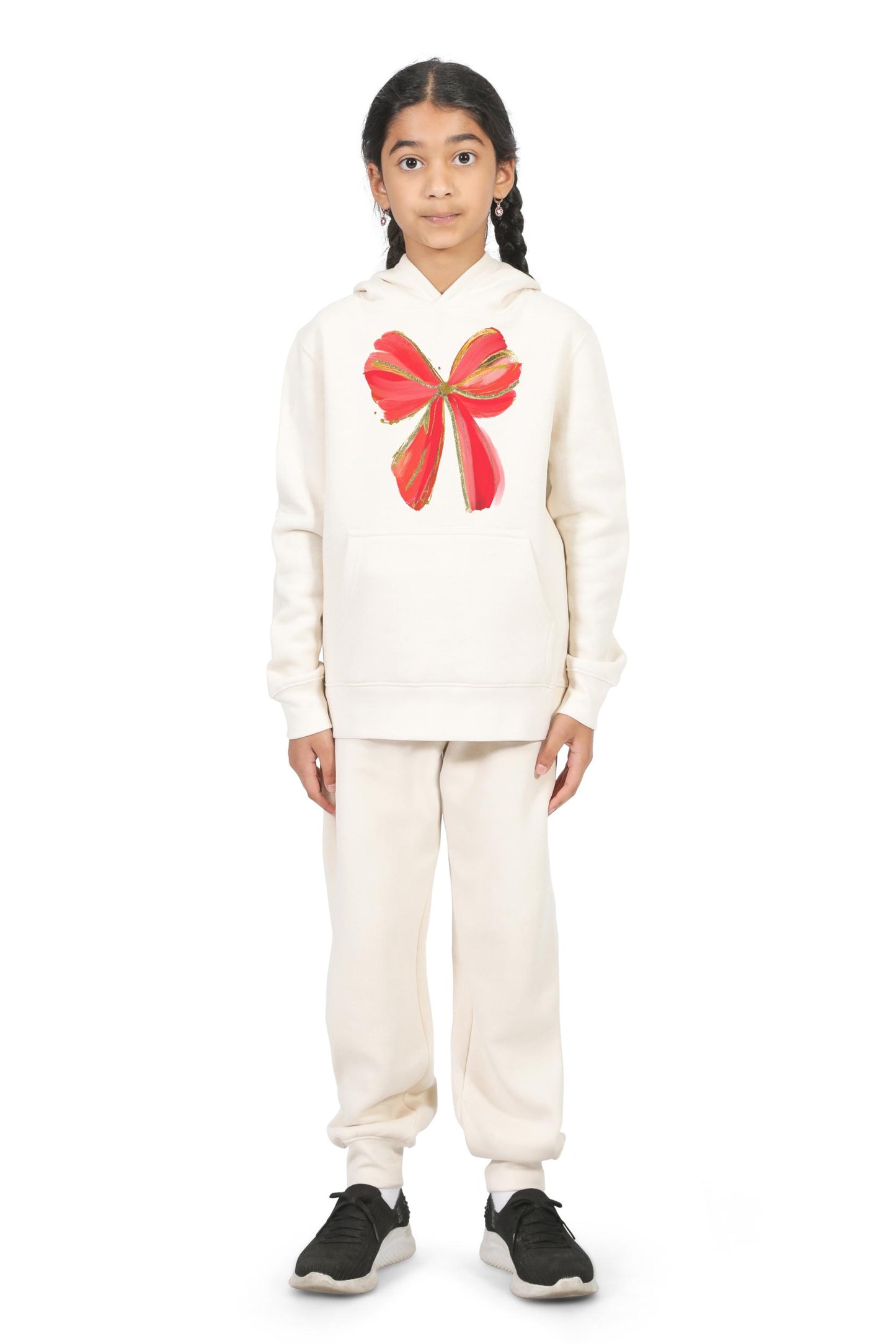 Everyday Kids Christmas Collection Festive Red & Gold Bow Girls Pullover Hoodie – Holiday Sweatshirt - Off White
