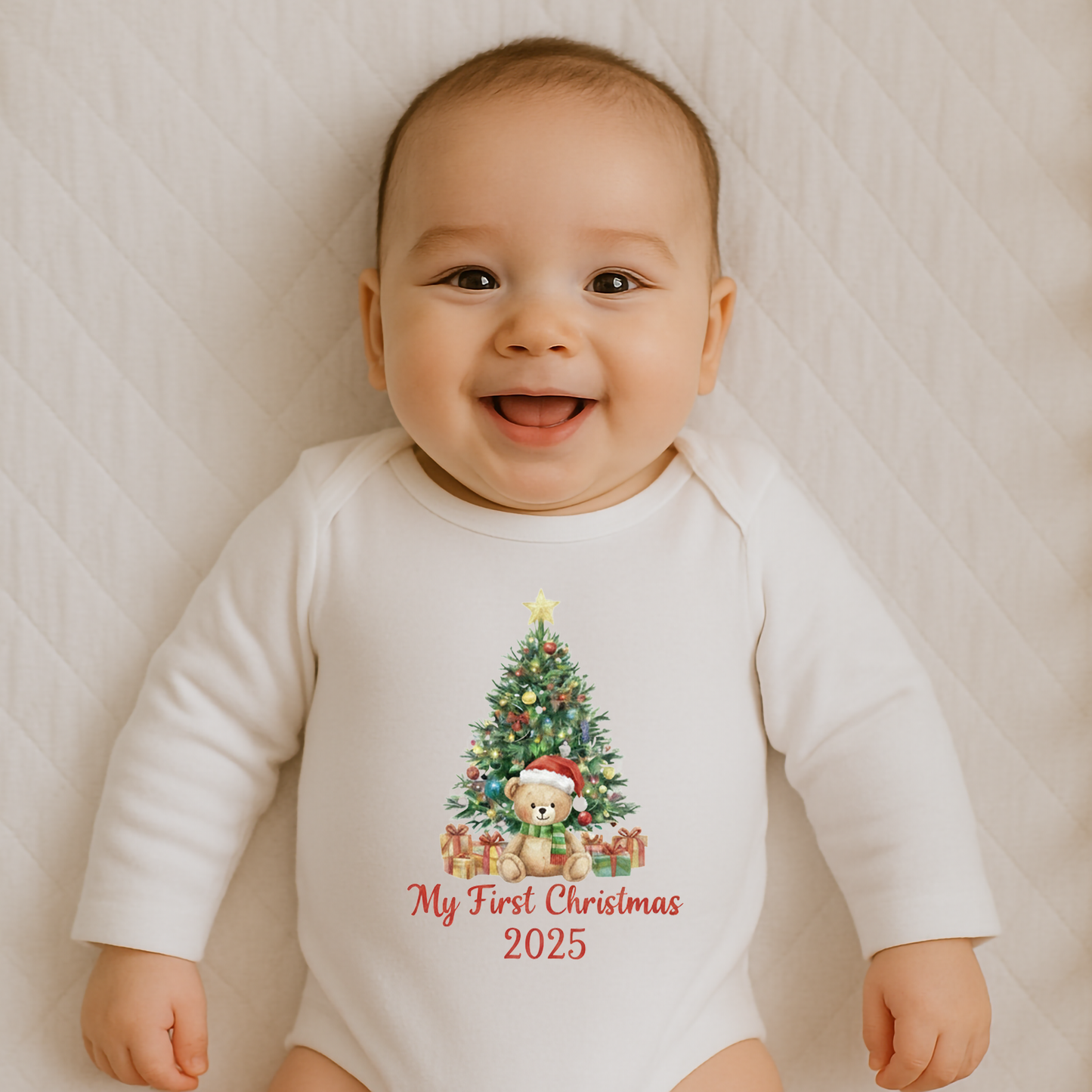 Everyday Kids Christmas Collection My First Christmas 2025 Teddy Tree Baby Onesie – Holiday Graphic Bodysuit
