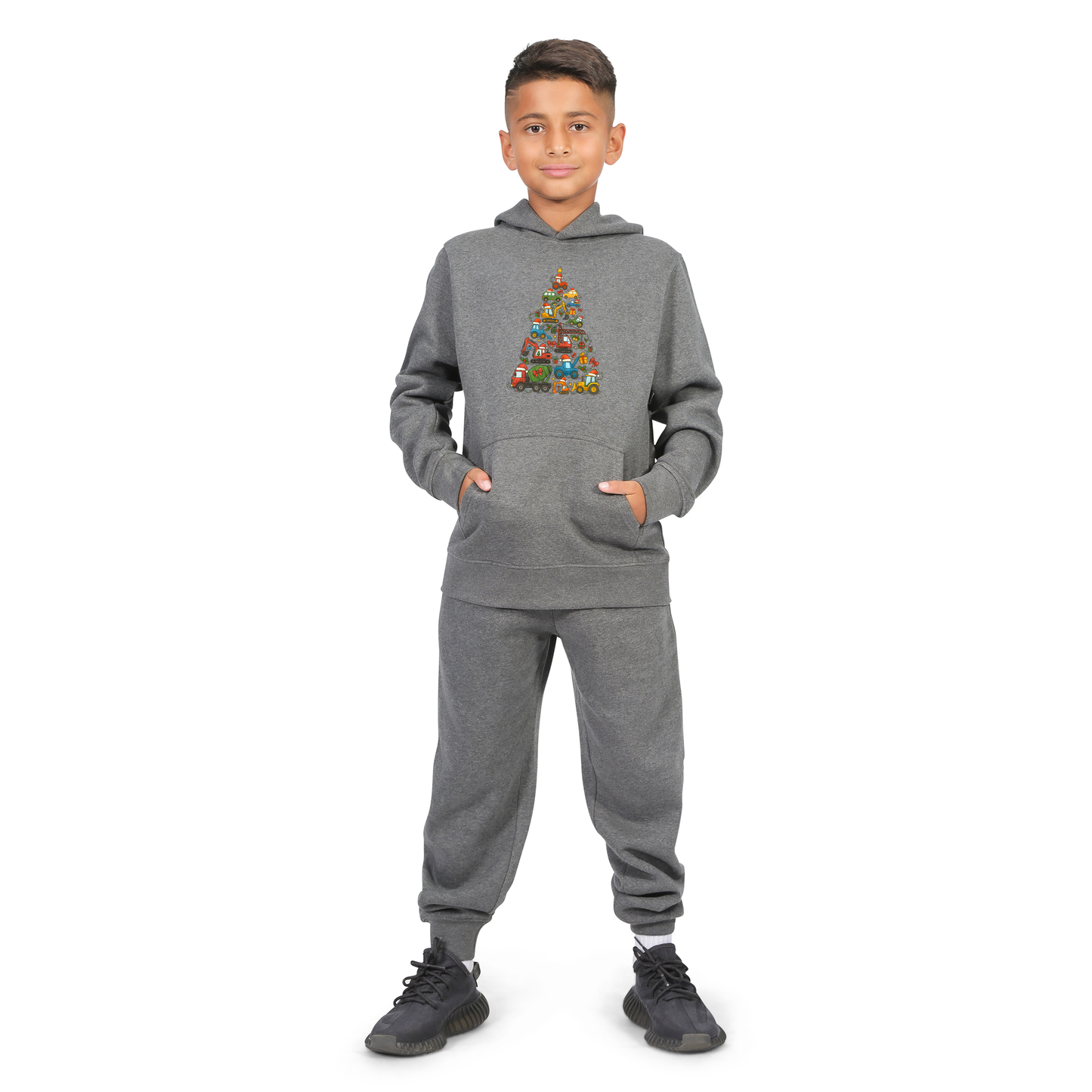 Everyday Kids Christmas Collection Construction Truck Tree Boys Pullover Hoodie – Holiday Sweatshirt - Charcoal Gray