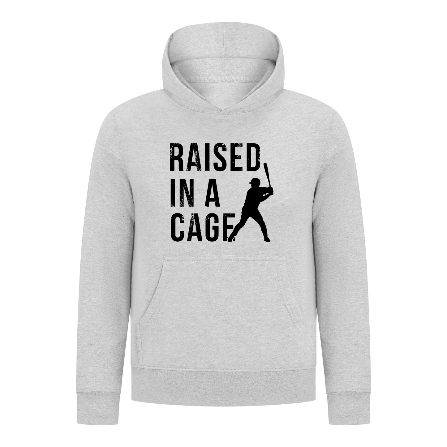 Everyday Kids Baseball Collection Boys Pullover Hoodie – “Raised in a Cage” Batter Graphic Sports Sweatshirt