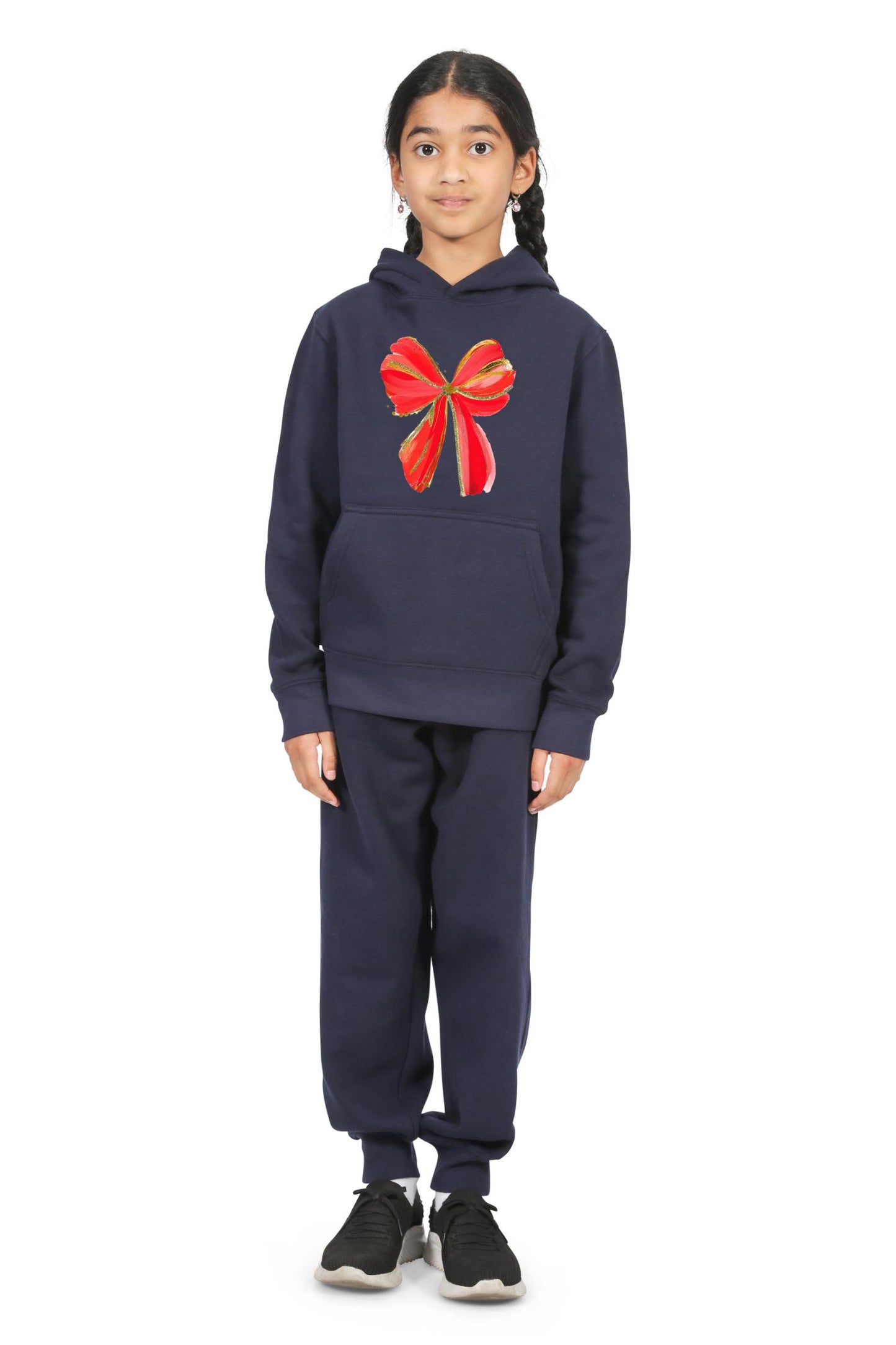 Everyday Kids Christmas Collection Festive Red & Gold Bow Girls Pullover Hoodie – Holiday Sweatshirt - Navy