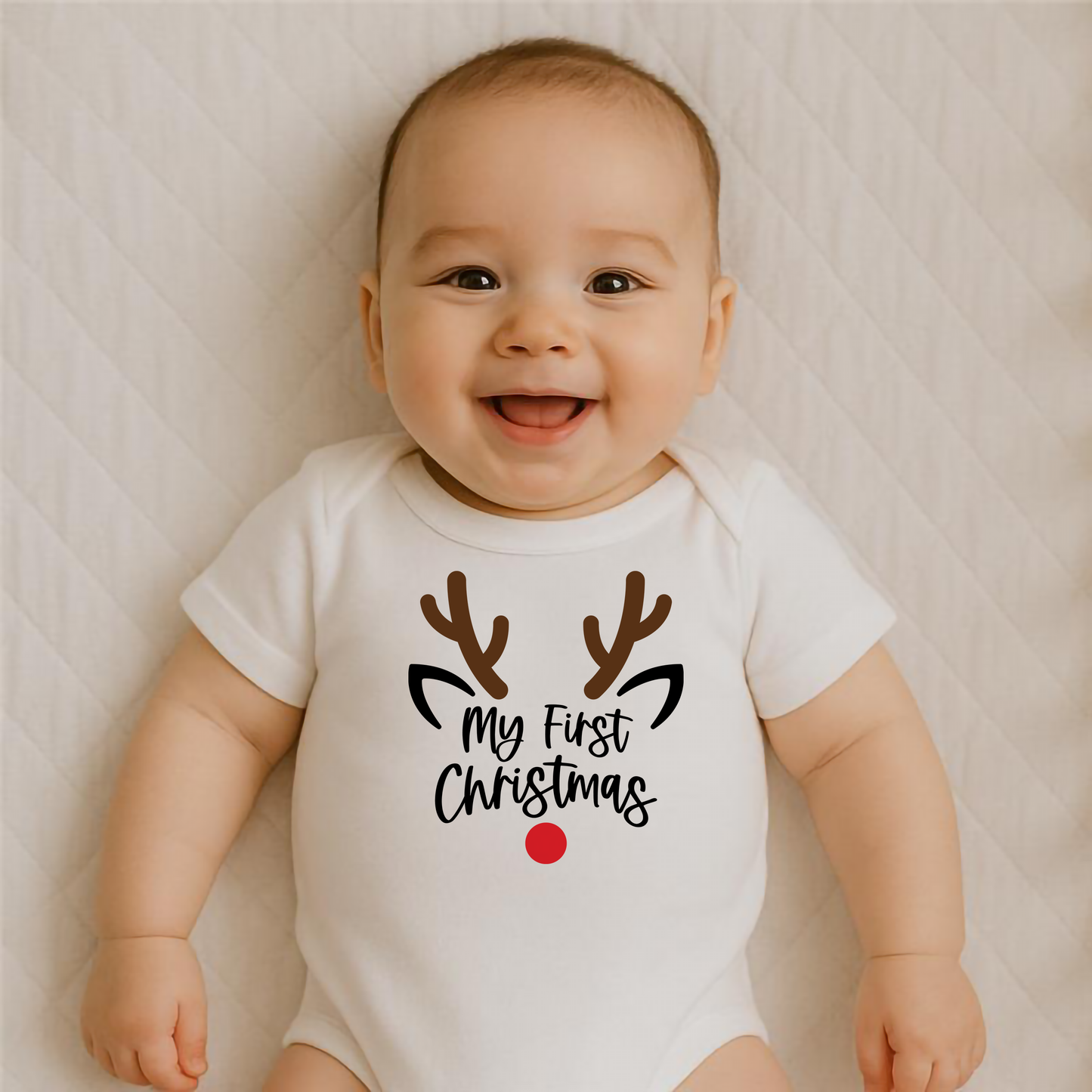 Everyday Kids Christmas Collection Rudolph Face Baby Onesie – Minimal Reindeer Graphic Bodysuit