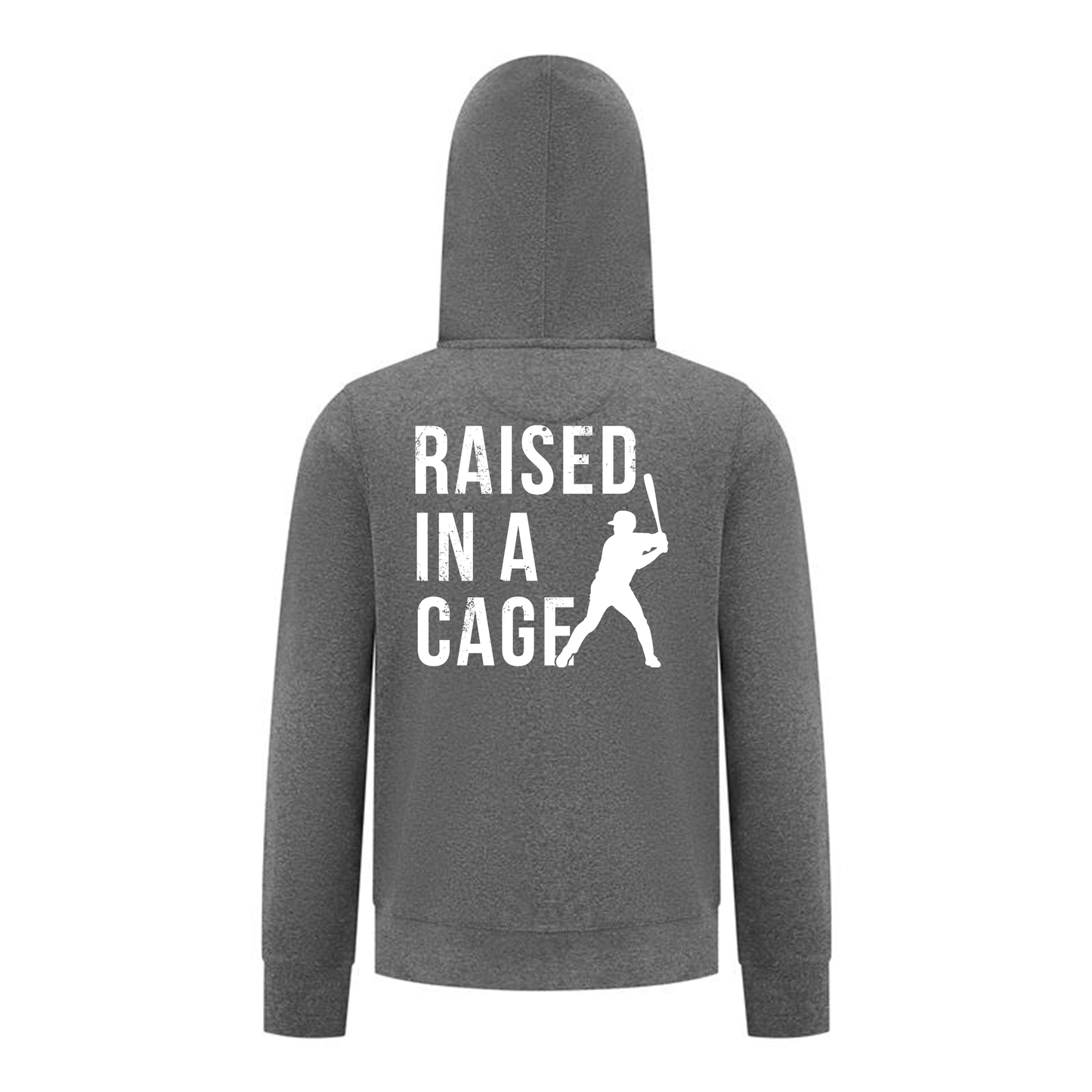 Everyday Kids Baseball Collection Boys Zip Up Hoodie – “Raised in a Cage” Batter Graphic Sports Sweatshirt