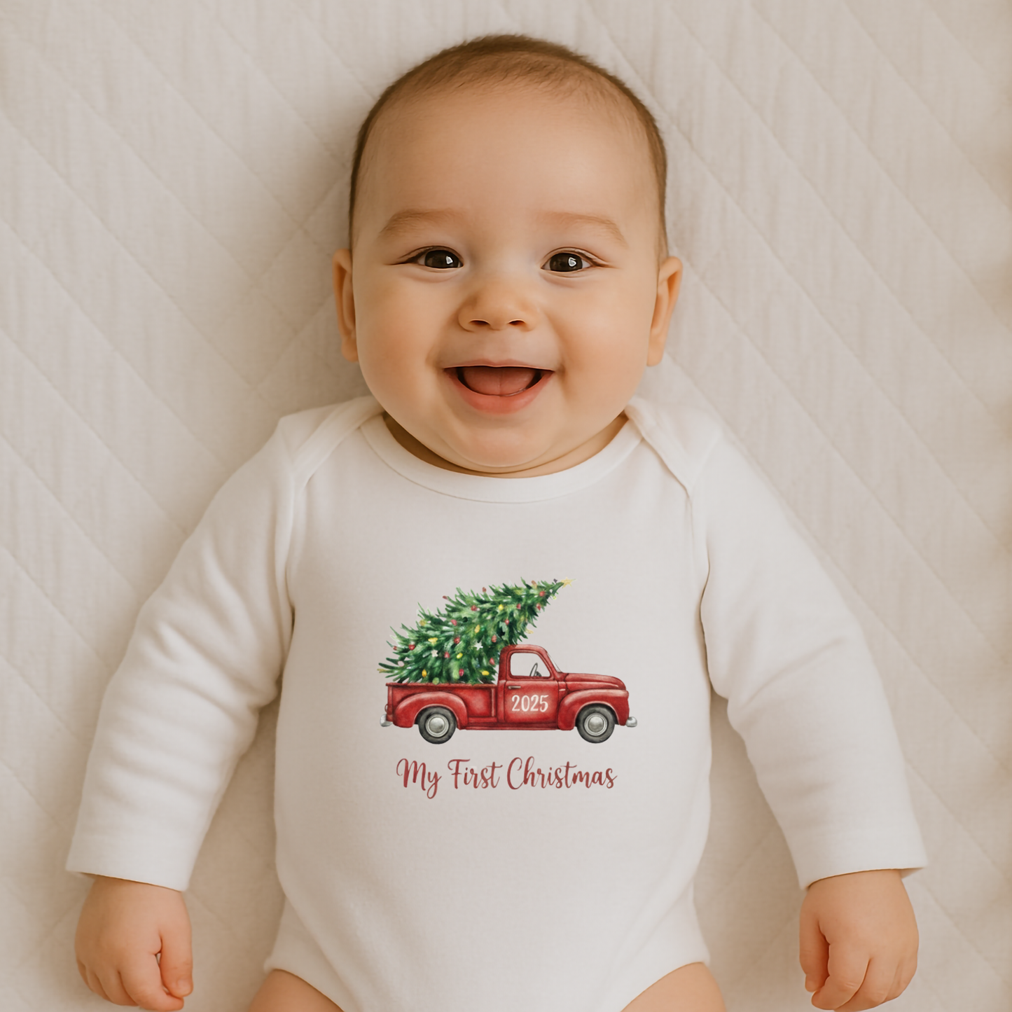 Everyday Kids Christmas Collection My First Christmas Red Truck Baby Onesie – Holiday Tree Pickup Graphic Bodysuit