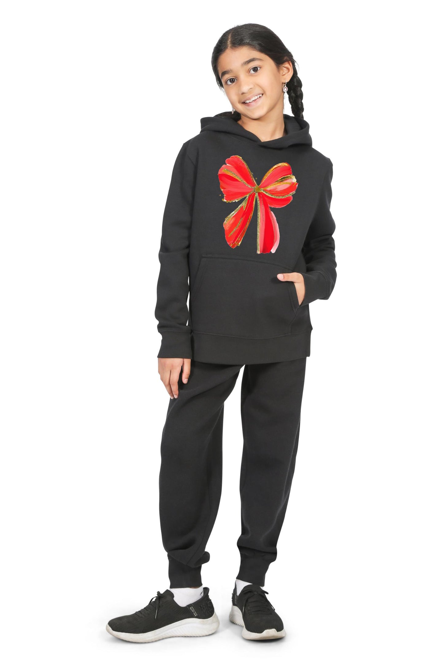 Everyday Kids Christmas Collection Festive Red & Gold Bow Girls Pullover Hoodie – Holiday Sweatshirt - Black