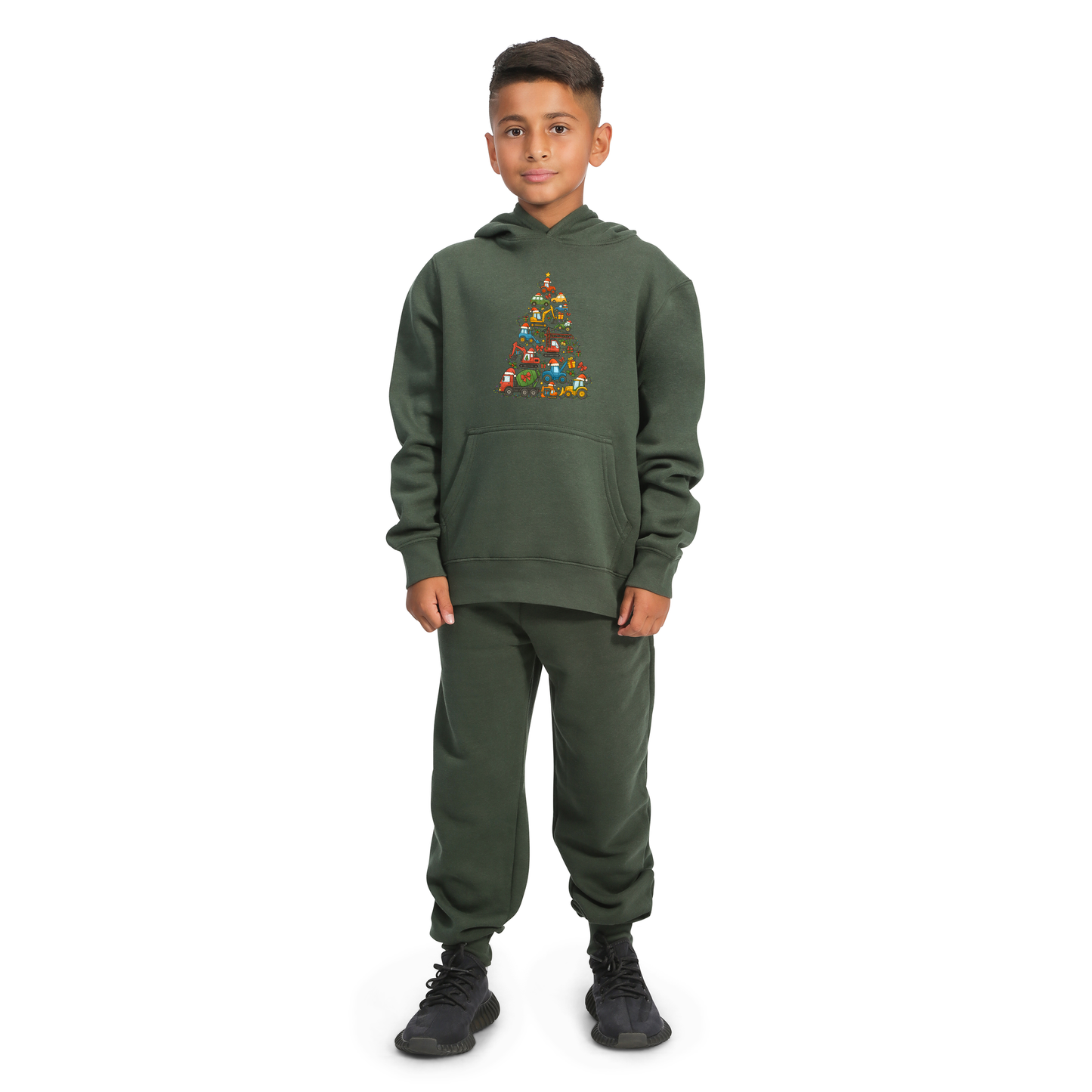 Everyday Kids Christmas Collection Construction Truck Tree Boys Pullover Hoodie – Holiday Sweatshirt - Green