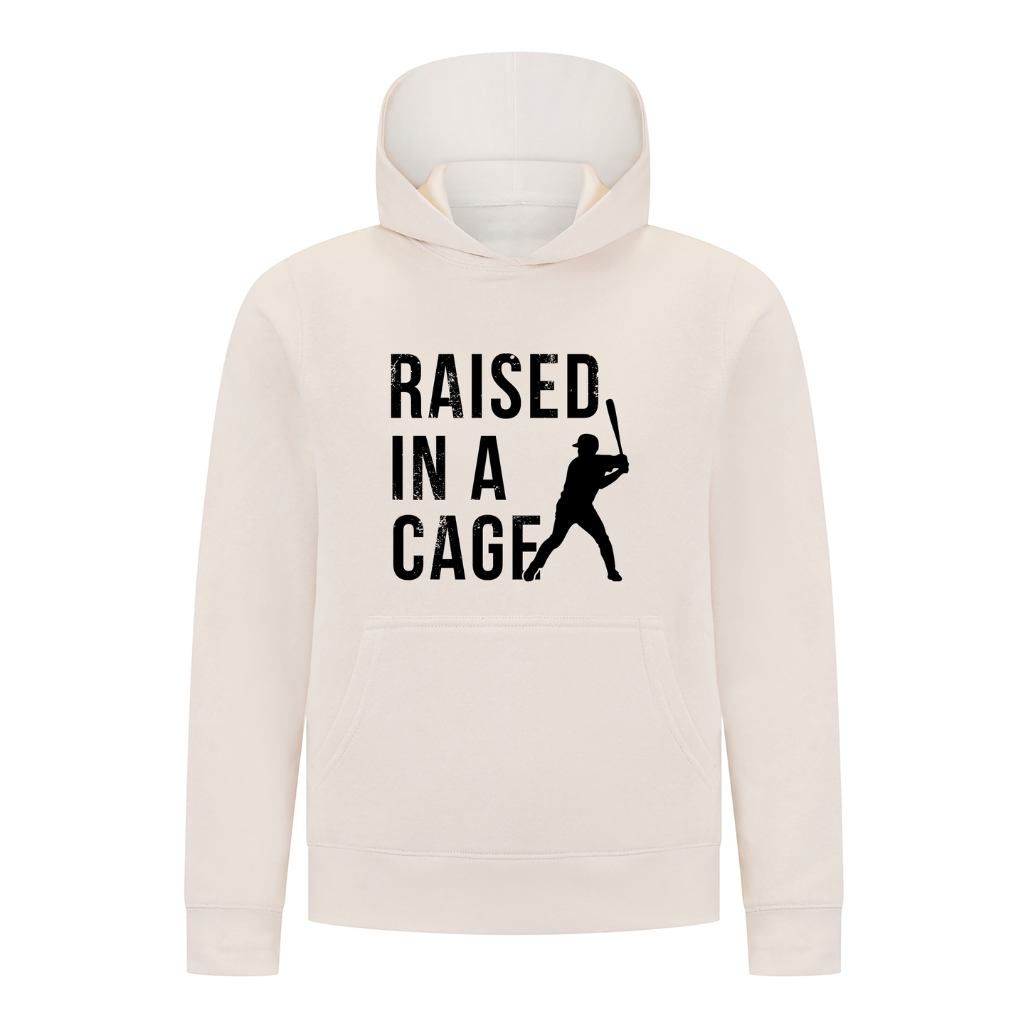 Everyday Kids Baseball Collection Boys Pullover Hoodie – “Raised in a Cage” Batter Graphic Sports Sweatshirt