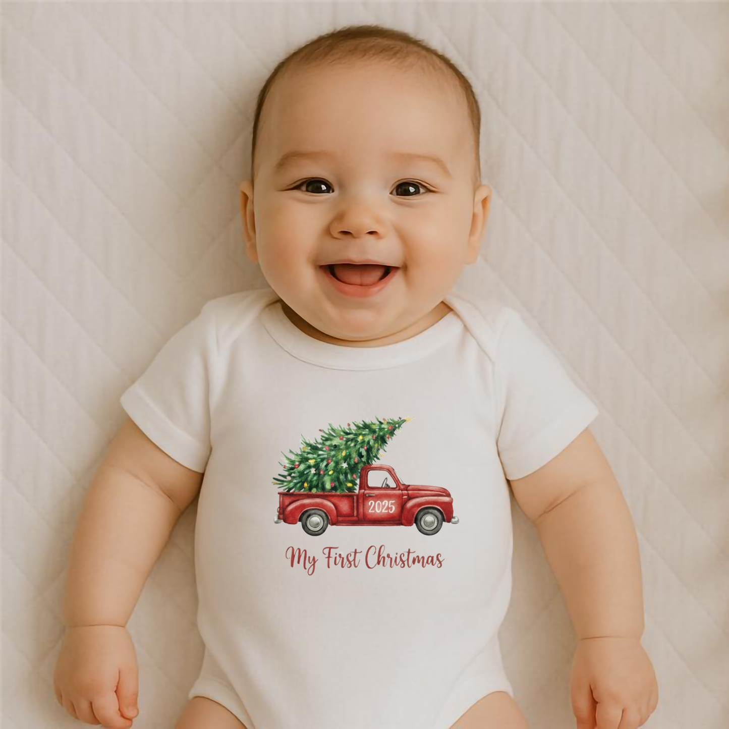 Everyday Kids Christmas Collection My First Christmas Red Truck Baby Onesie – Holiday Tree Pickup Graphic Bodysuit