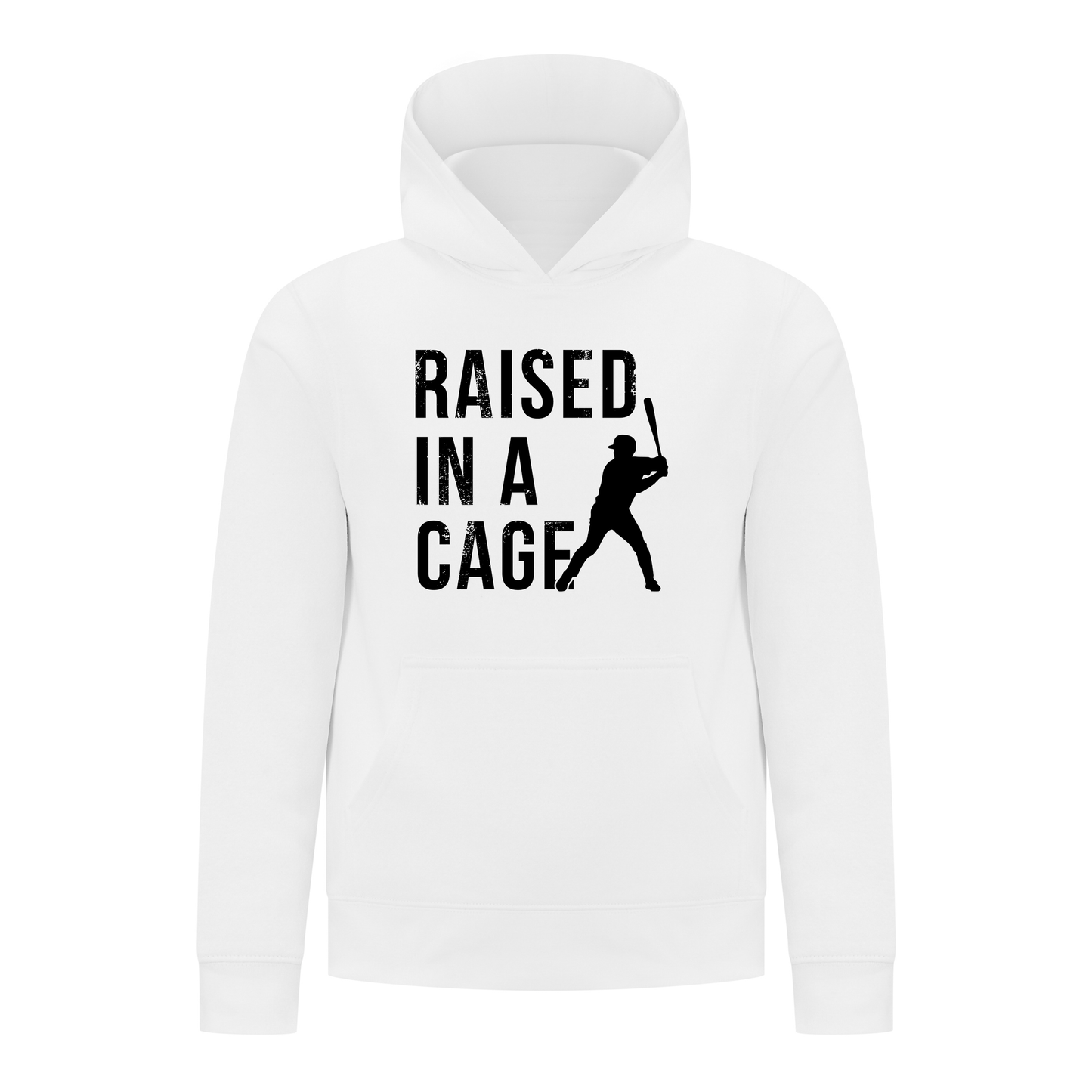 Everyday Kids Baseball Collection Boys Pullover Hoodie – “Raised in a Cage” Batter Graphic Sports Sweatshirt