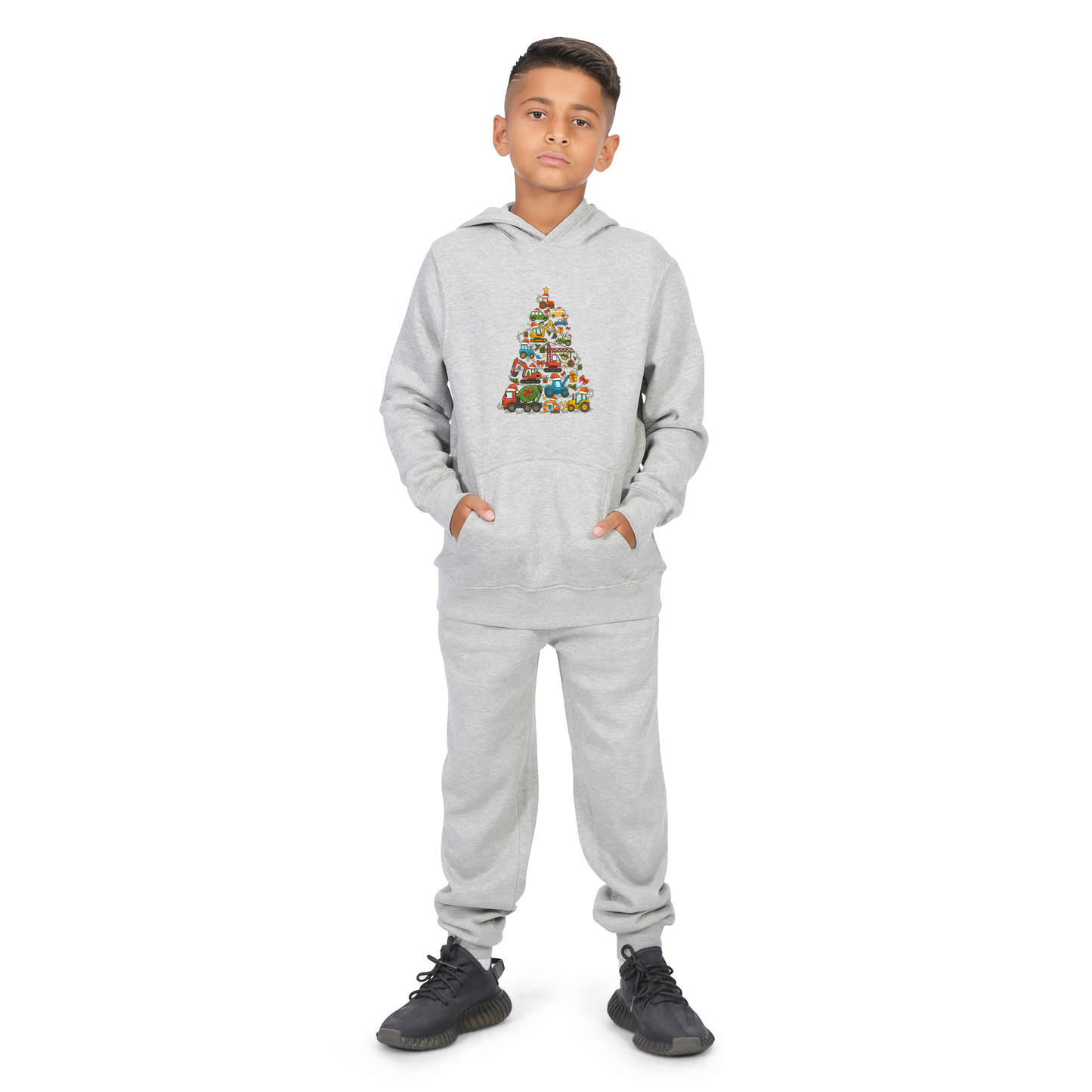 Everyday Kids Christmas Collection Construction Truck Tree Boys Pullover Hoodie – Holiday Sweatshirt - Heather Gray