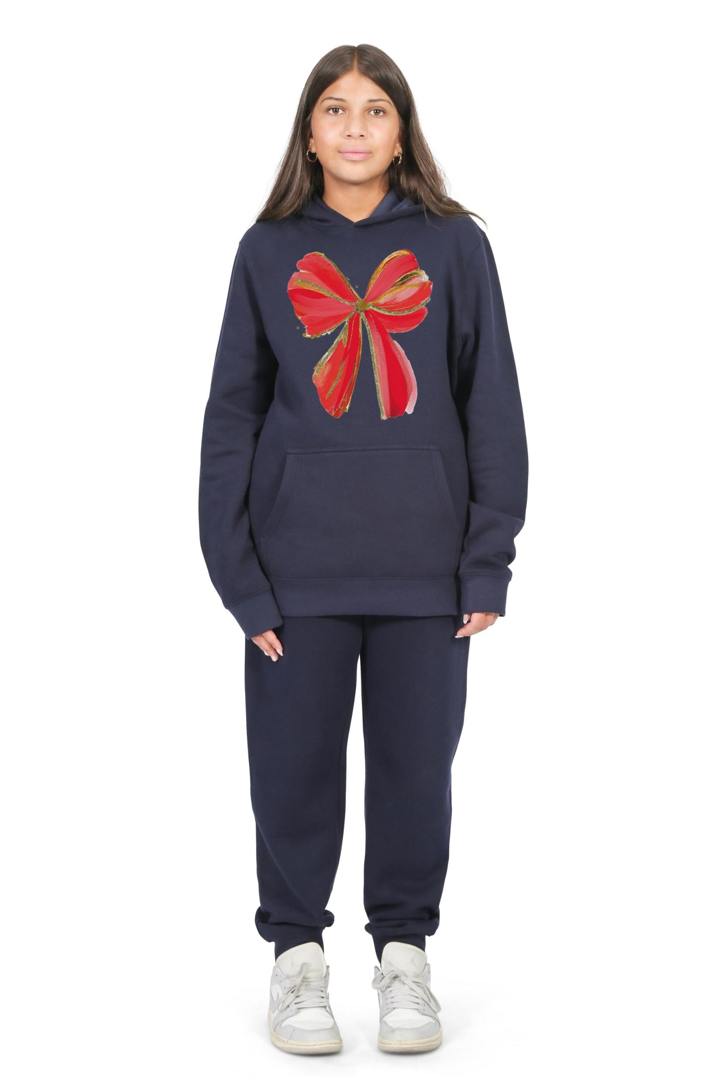 Everyday Kids Christmas Collection Festive Red & Gold Bow Girls Pullover Hoodie – Holiday Sweatshirt - Navy