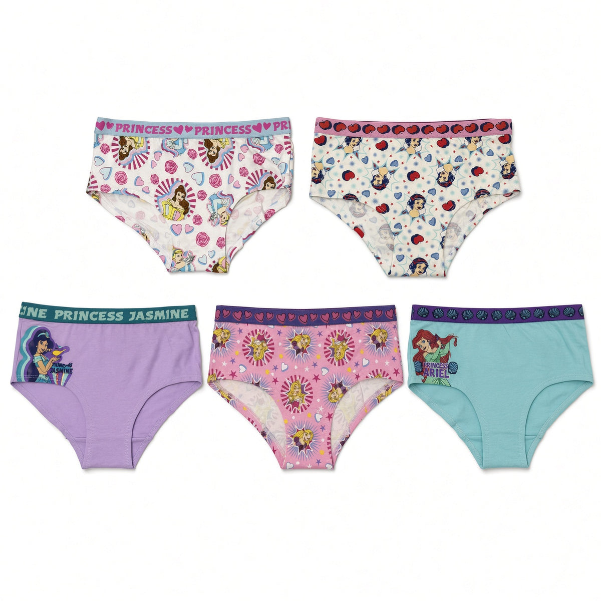 Disney Princess Girls 5-Pack Cotton Hipster Panties, Ariel, Belle, Jasmine, Cinderella & Aurora Underwear, Size 8