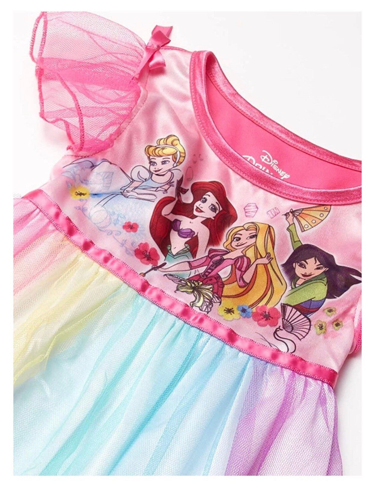 Disney Princess Girls Rainbow Nightgown Sleepwear with Tulle Overlay – Soft Fantasy Pajamas for Toddlers and Kids