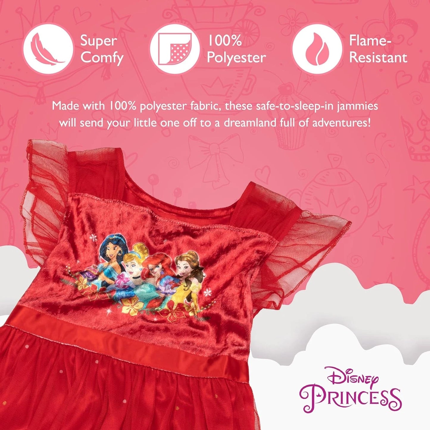 Disney Princess Girls Red Nightgown Sleepwear with Tulle Overlay – Soft Character Pajamas for Kids