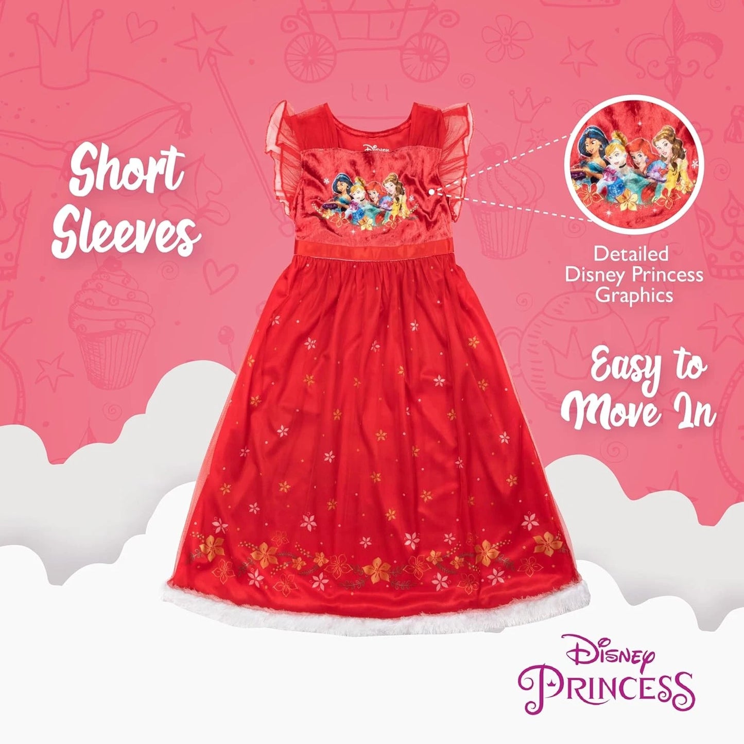 Disney Princess Girls Red Nightgown Sleepwear with Tulle Overlay – Soft Character Pajamas for Kids