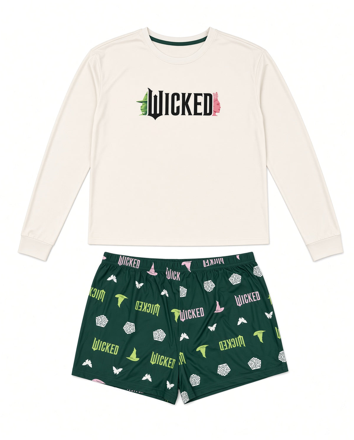 Wicked Women's Pajama Set Long Sleeve Cream Top and Green Allover Print Shorts Sleepwear Set Sizes S-XL