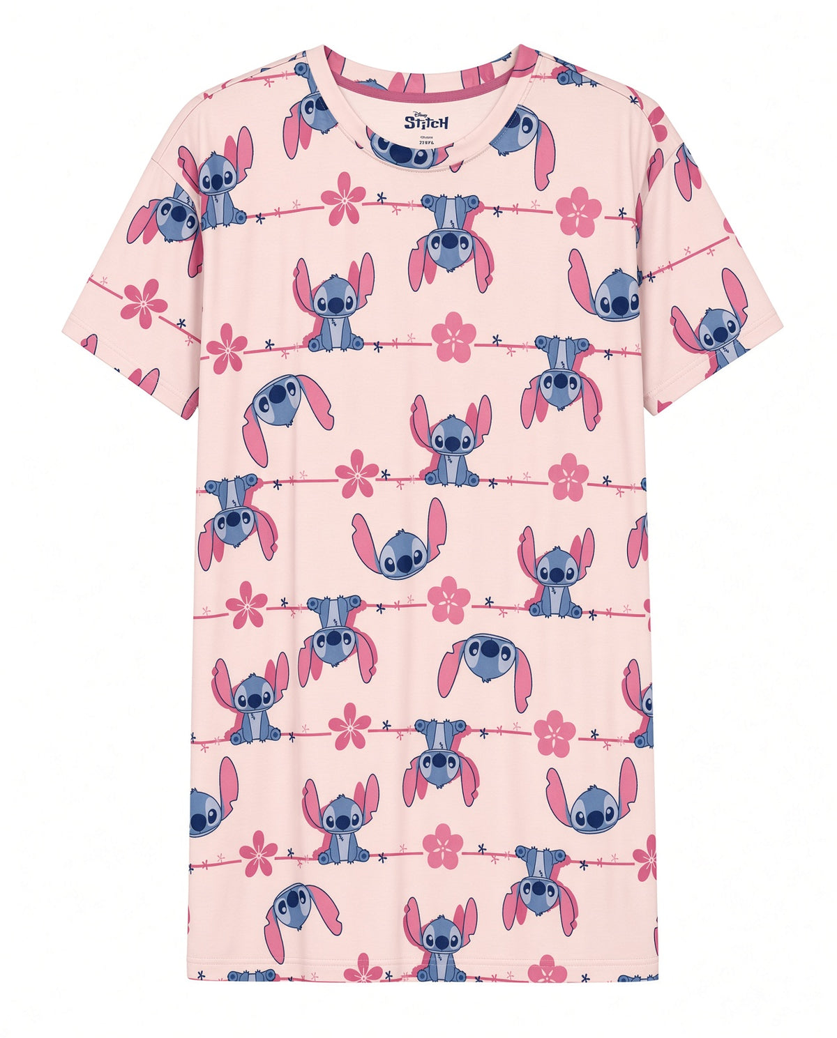 Disney Stitch Women's Short Sleeve Nightgown Pink All-Over Stitch and Blossom Print Crew Neck Sleep Shirt Sizes S to XL