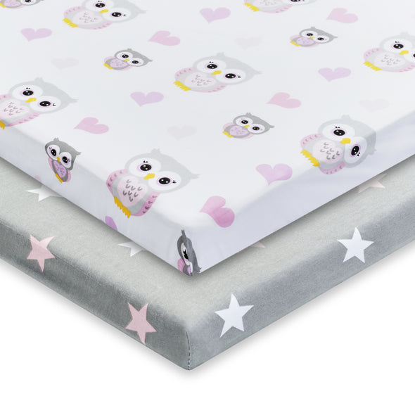 2 Pack n Play and Portable Crib Mattress Sheets - Owls/Stars