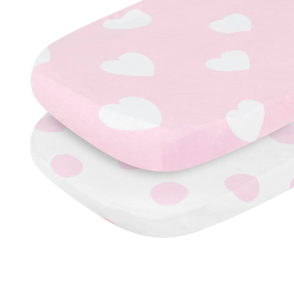 Pink/White Hearts and Dots 2 Pack Girls Bassinet Sheet Set corner view 