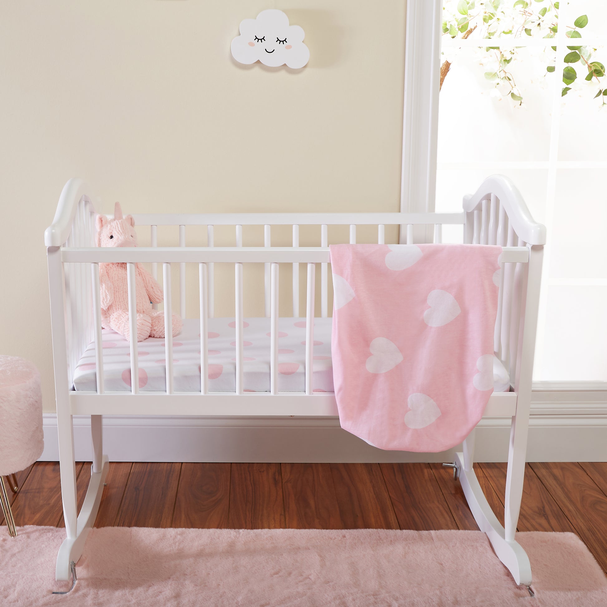 Pink/White Hearts and Dots 2 Pack Girls Cradle Sheet Set close up print