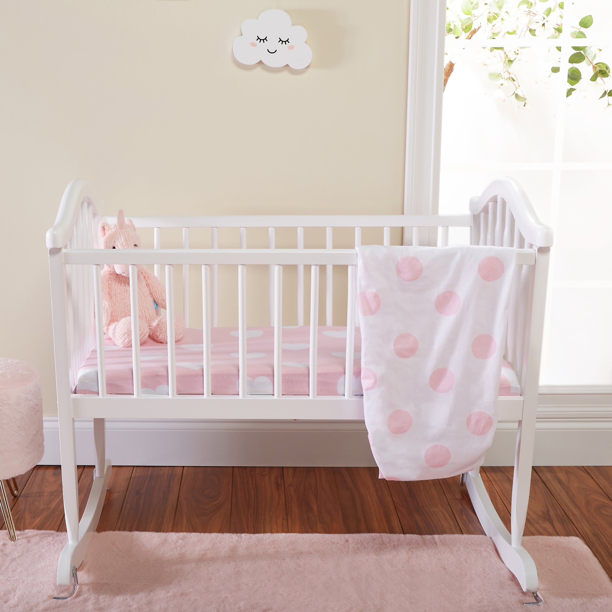 Pink/White Hearts and Dots 2 Pack Girls Cradle Sheet Set close up print 2