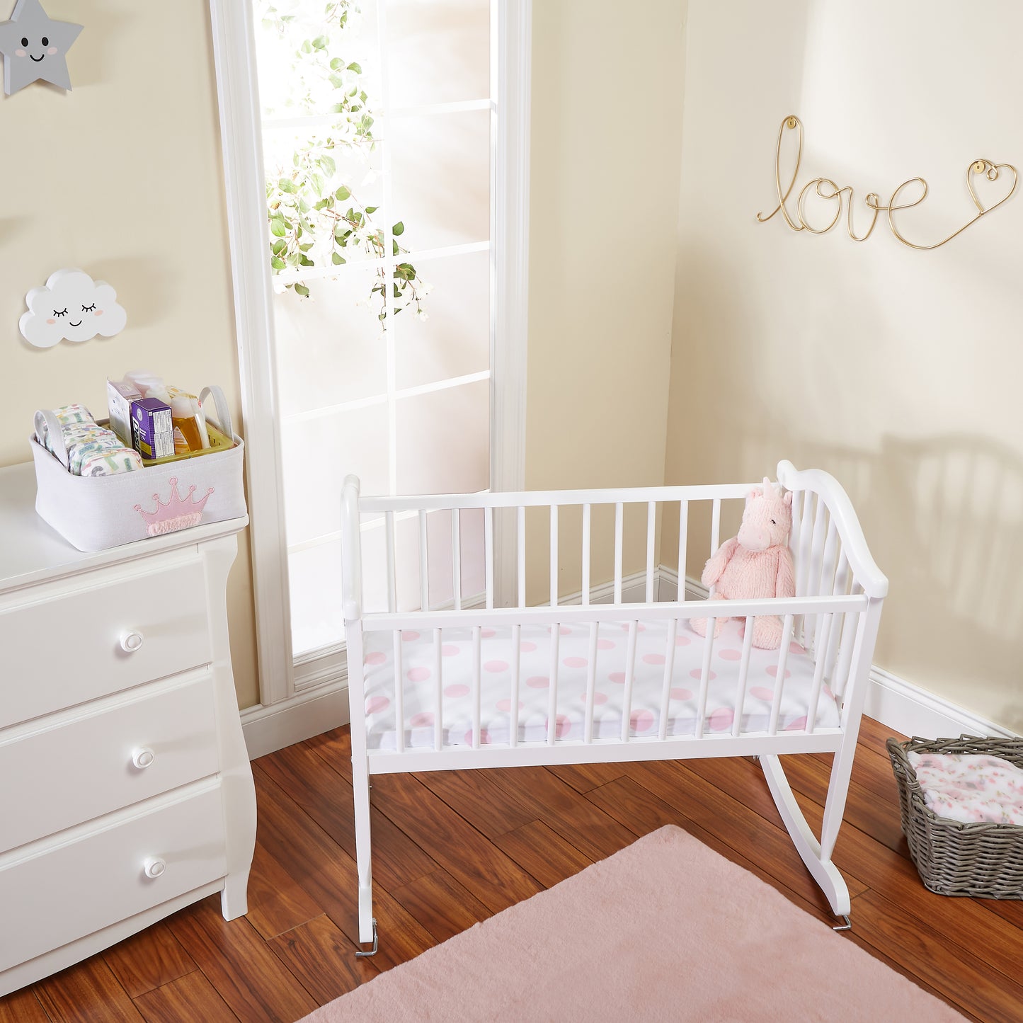 Pink/White Hearts and Dots 2 Pack Girls Cradle Sheet Set full room view