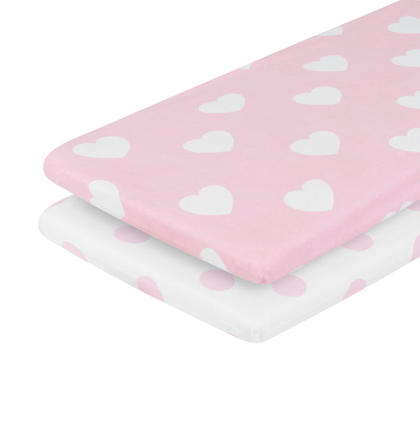 Pink/White Hearts and Dots 2 Pack Girls Cradle Sheet Set TopShot corner 2 piece 