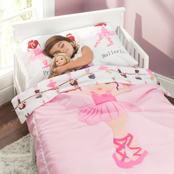 Born to Dance Ballerina 4-Piece Toddler Bedding Set  close up with model